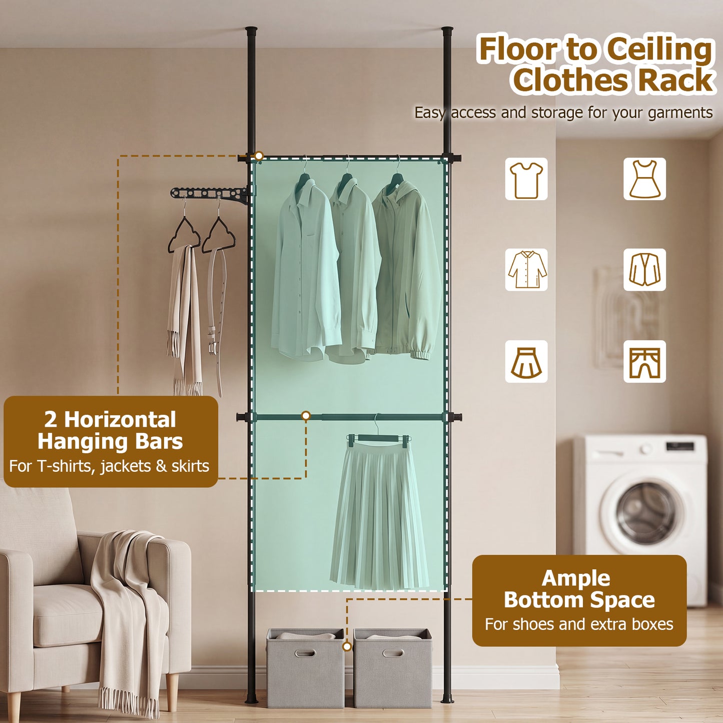 Adjustable Floor to Ceiling Clothes Rack with Double Rods & Folding Drying Rack for Laundry-Black