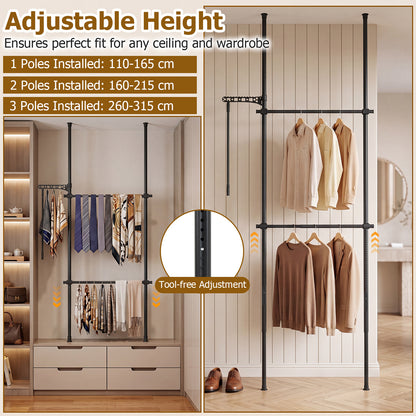 Adjustable Floor to Ceiling Clothes Rack with Double Rods & Folding Drying Rack for Laundry-Black