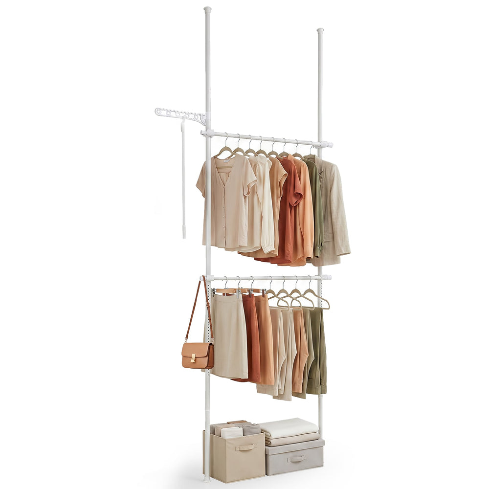 Adjustable Floor to Ceiling Clothes Rack with Double Rods & Folding Drying Rack for Laundry-White