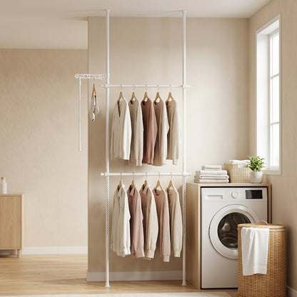 Adjustable Floor to Ceiling Clothes Rack with Double Rods & Folding Drying Rack for Laundry-White