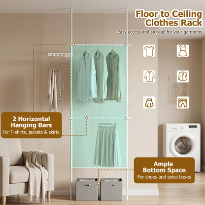 Adjustable Floor to Ceiling Clothes Rack with Double Rods & Folding Drying Rack for Laundry-White