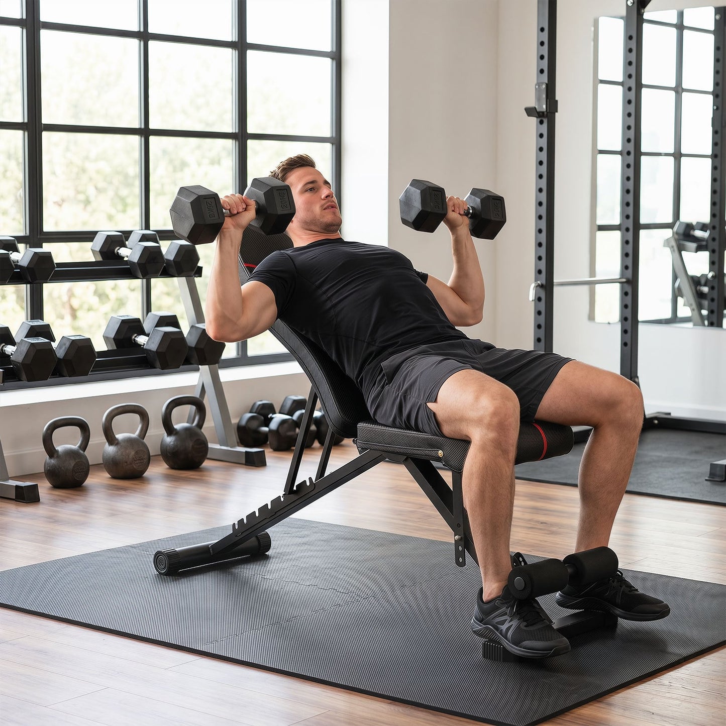 Adjustable Foldable Black Dumbbell Bench with PU Upholstery