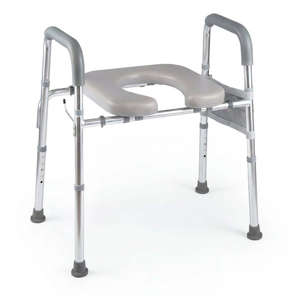 Adjustable Height and Width Raised Toilet Seat for Seniors with Padded Arms and Storage Bag-Silver