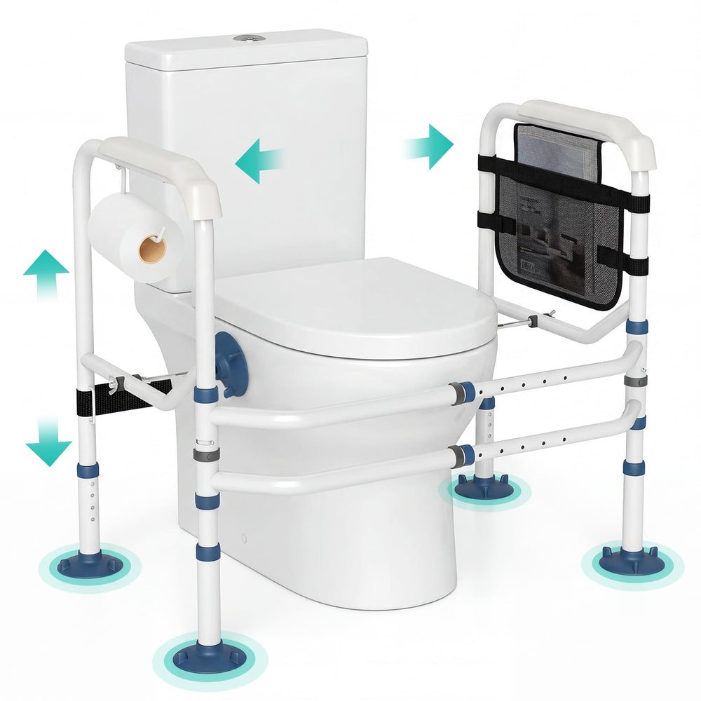 Adjustable Height and Width Toilet Safety Rails with Non-Slip Grip and Suction Legs-White