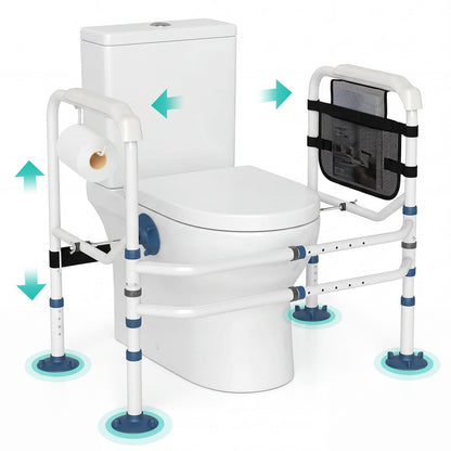 Adjustable Height and Width Toilet Safety Rails with Non-Slip Grip and Suction Legs-White