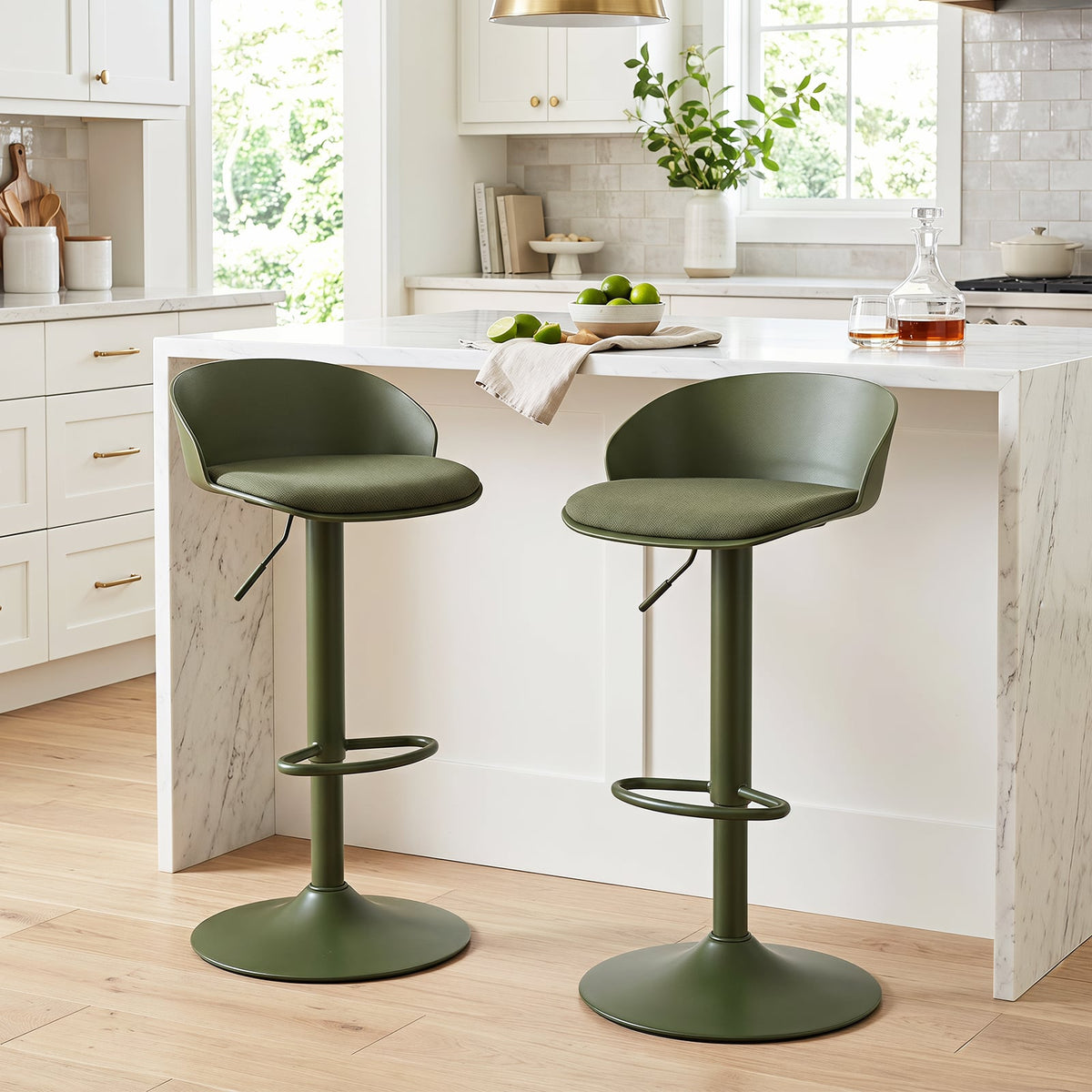 Adjustable Swivel Bar Stools with Back and Footrest Loads 150 KG Each-Olive Green
