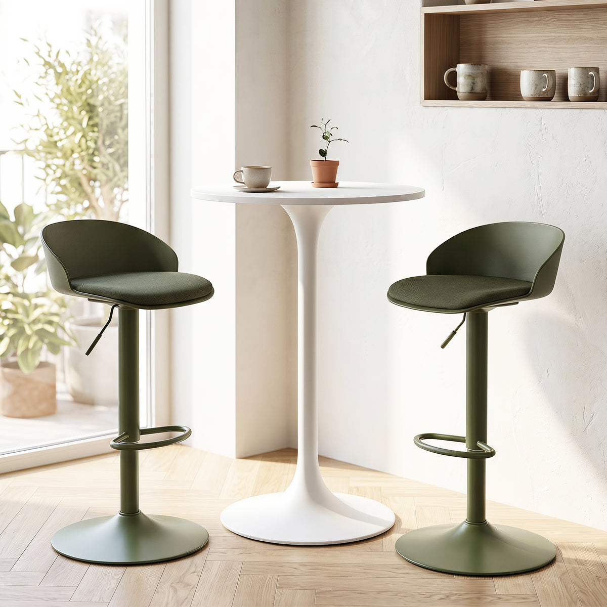 Adjustable Swivel Bar Stools with Back and Footrest Loads 150 KG Each-Olive Green