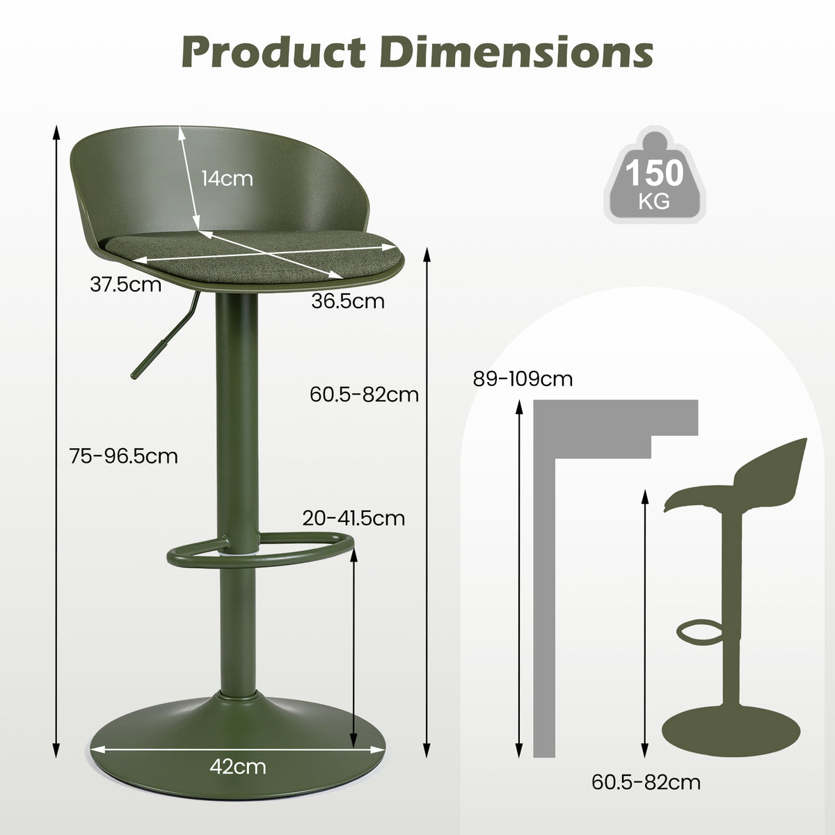 Adjustable Swivel Bar Stools with Back and Footrest Loads 150 KG Each-Olive Green