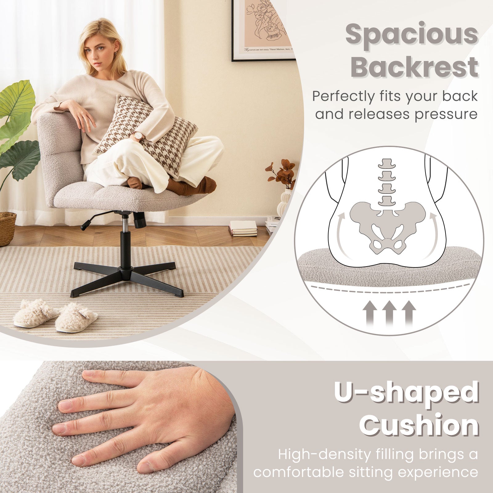 Adjustable Armless Office Chair with Imitation Lamb Fleece-Grey