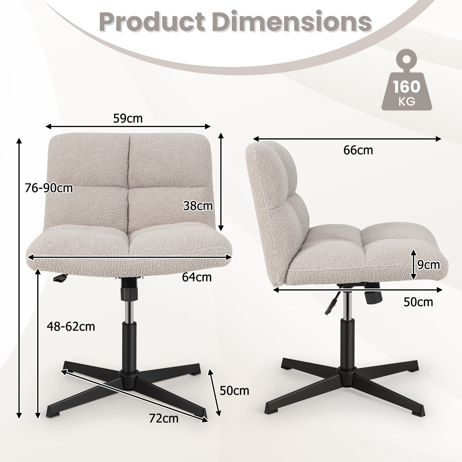 Adjustable Armless Office Chair with Imitation Lamb Fleece-Grey