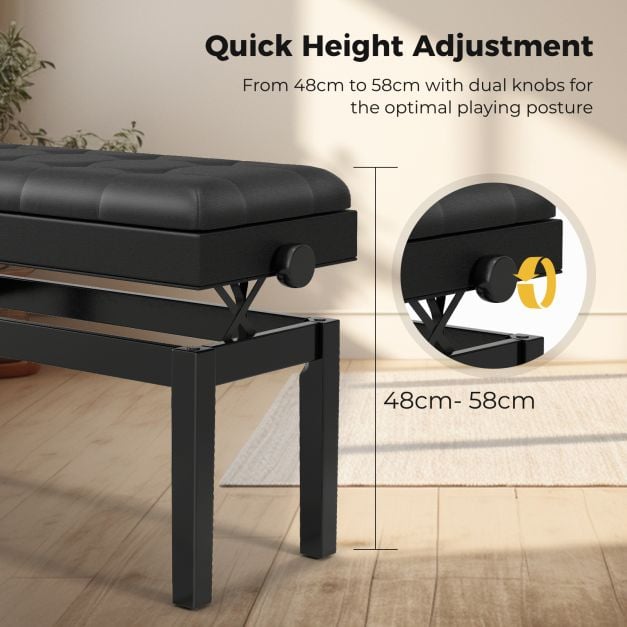 Adjustable Duet Piano Bench with Storage and Waterproof Padded Cushion