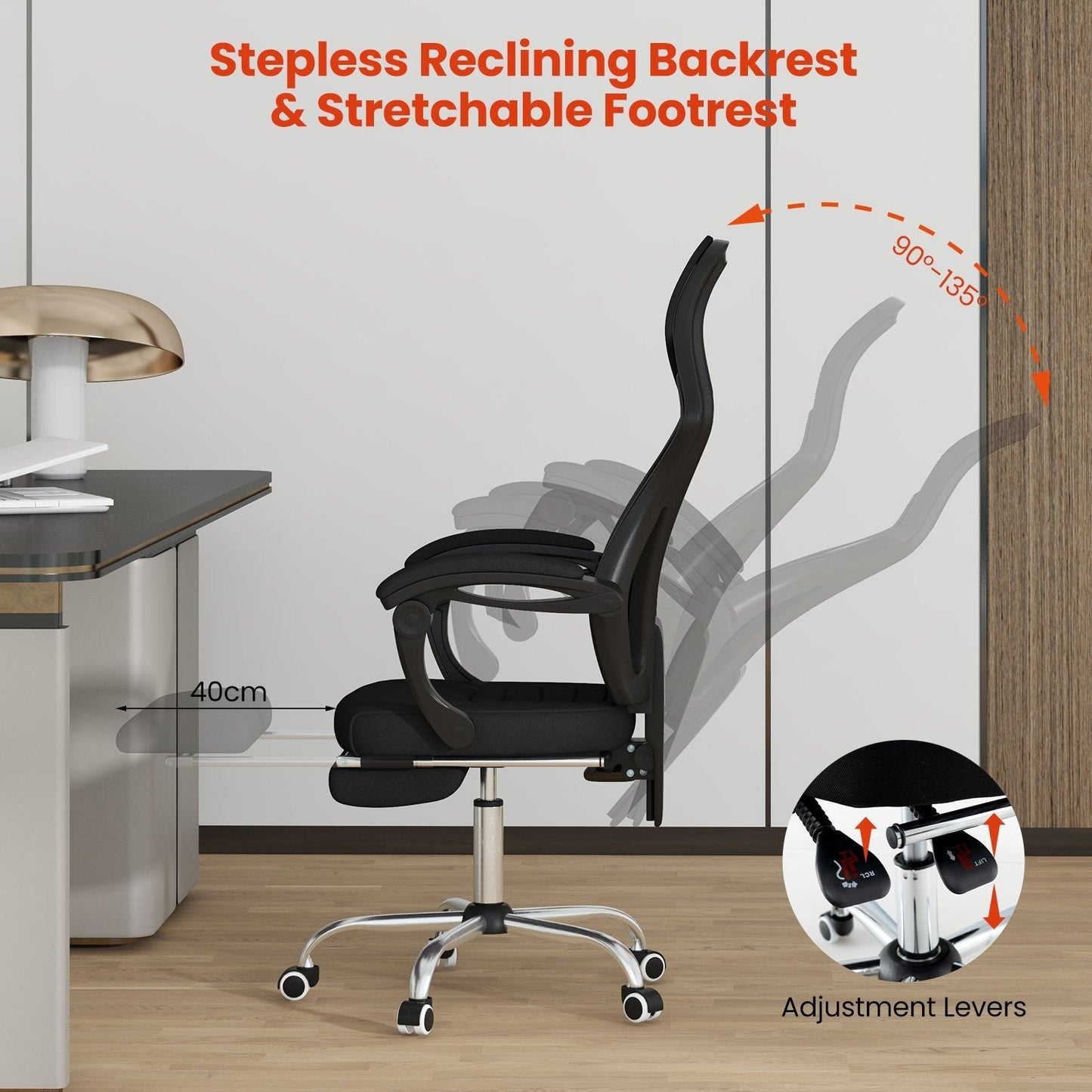 Adjustable Ergonomic Mesh Office Chair with Footrest-Black