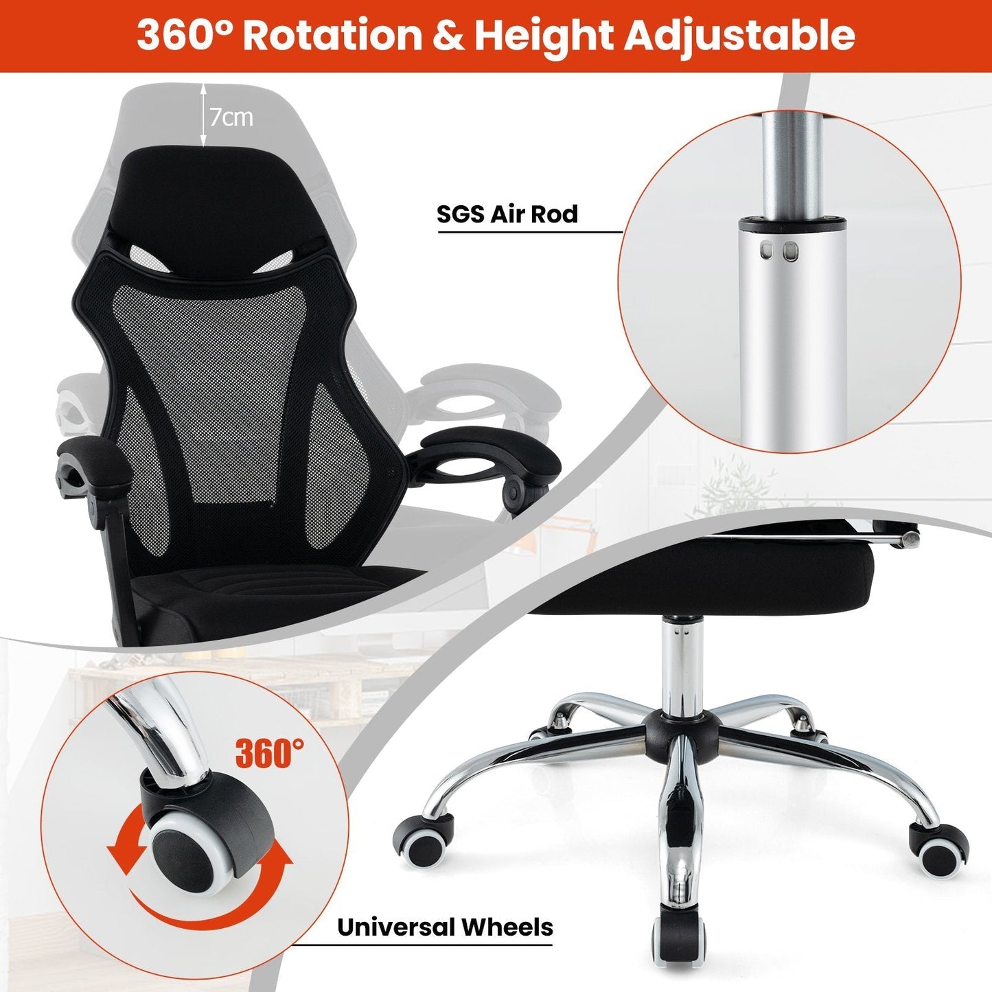 Adjustable Ergonomic Mesh Office Chair with Footrest-Black