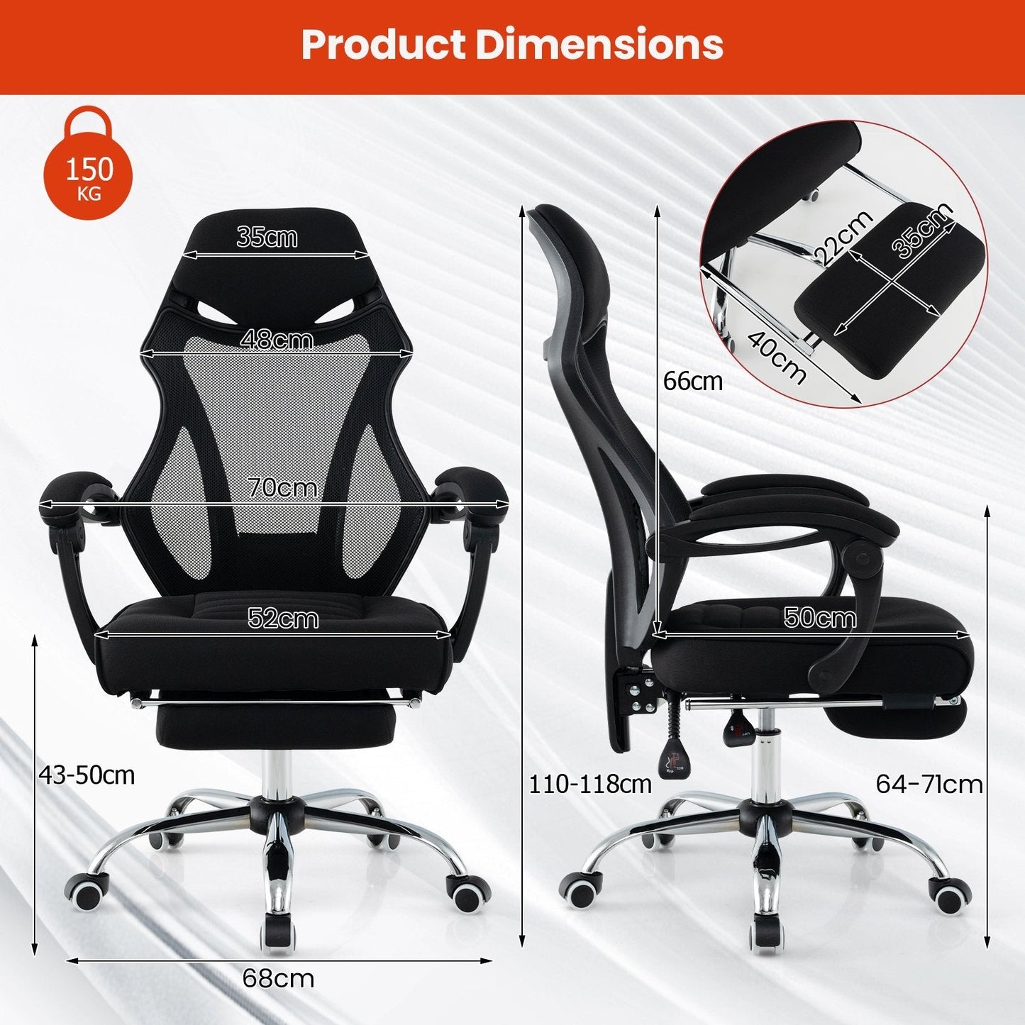 Adjustable Ergonomic Mesh Office Chair with Footrest-Black