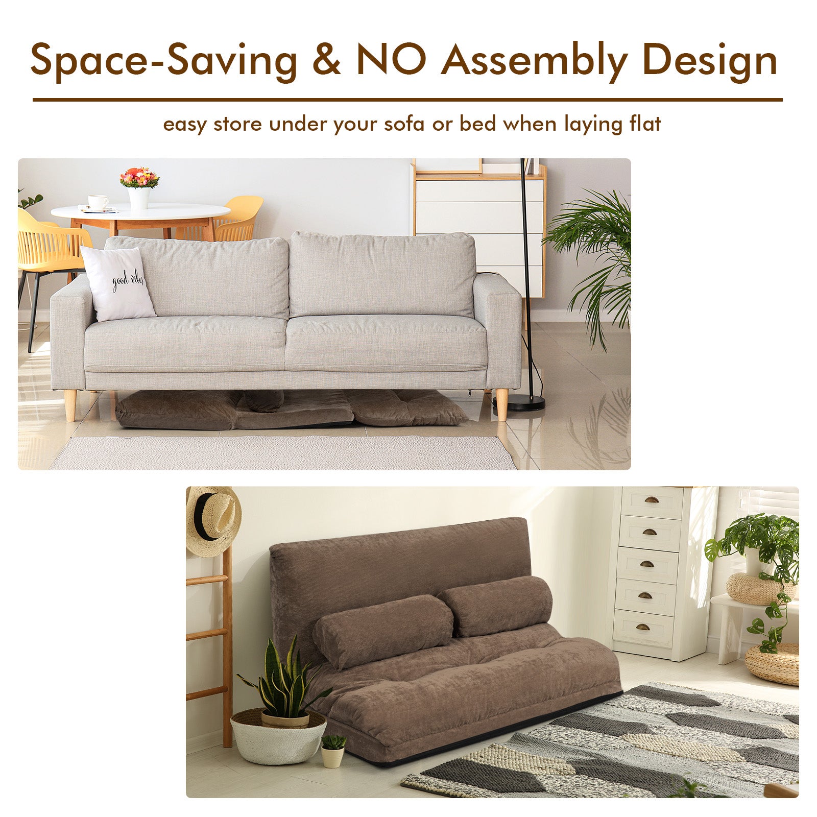 Convertible Floor Sofa Bed with 2 Waist Pillows-Coffee