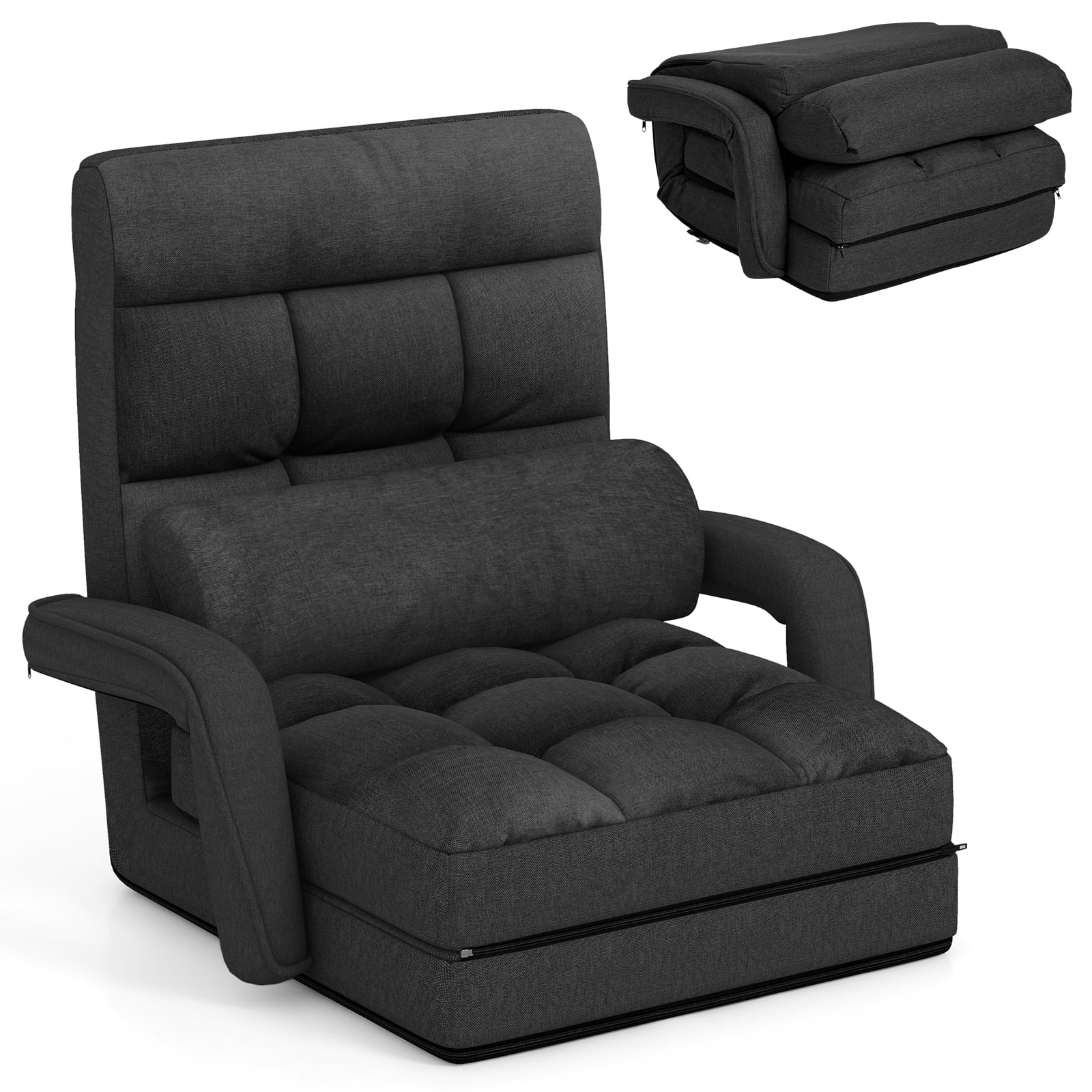 Adjustable Folding Floor Lazy Chair with Pillow-Dark Grey