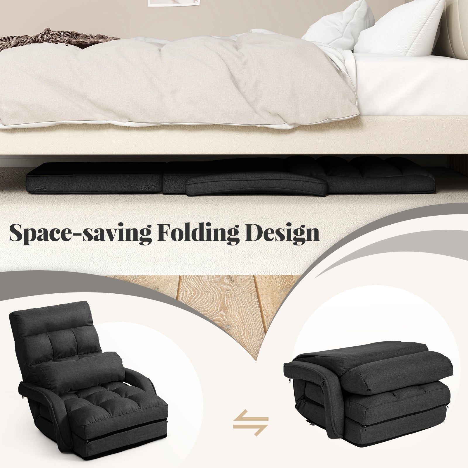 Adjustable Folding Floor Lazy Chair with Pillow-Dark Grey