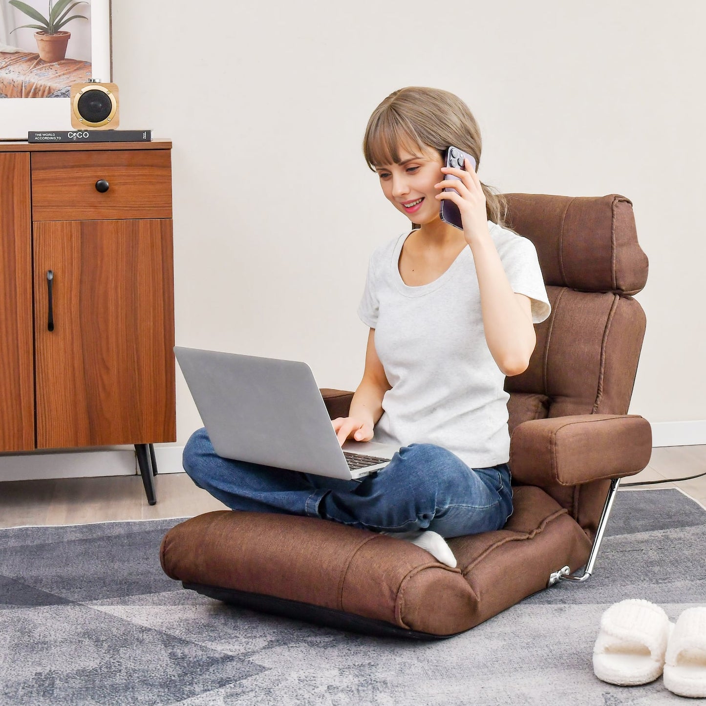 Ergonomic Sofa Lounger Chair with Stepless Adjustment Back-Brown