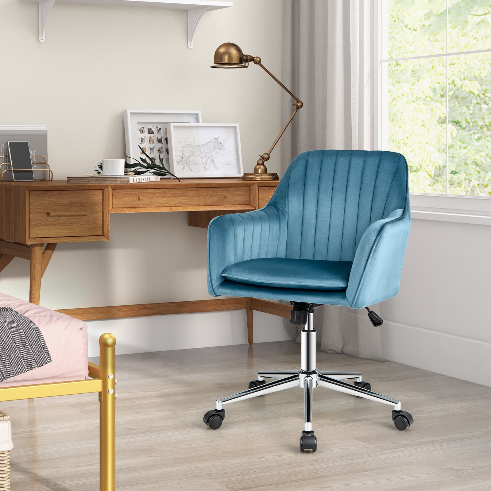 Adjustable Velvet Leisure Chair with 4 Universal Wheels for Daily-Blue