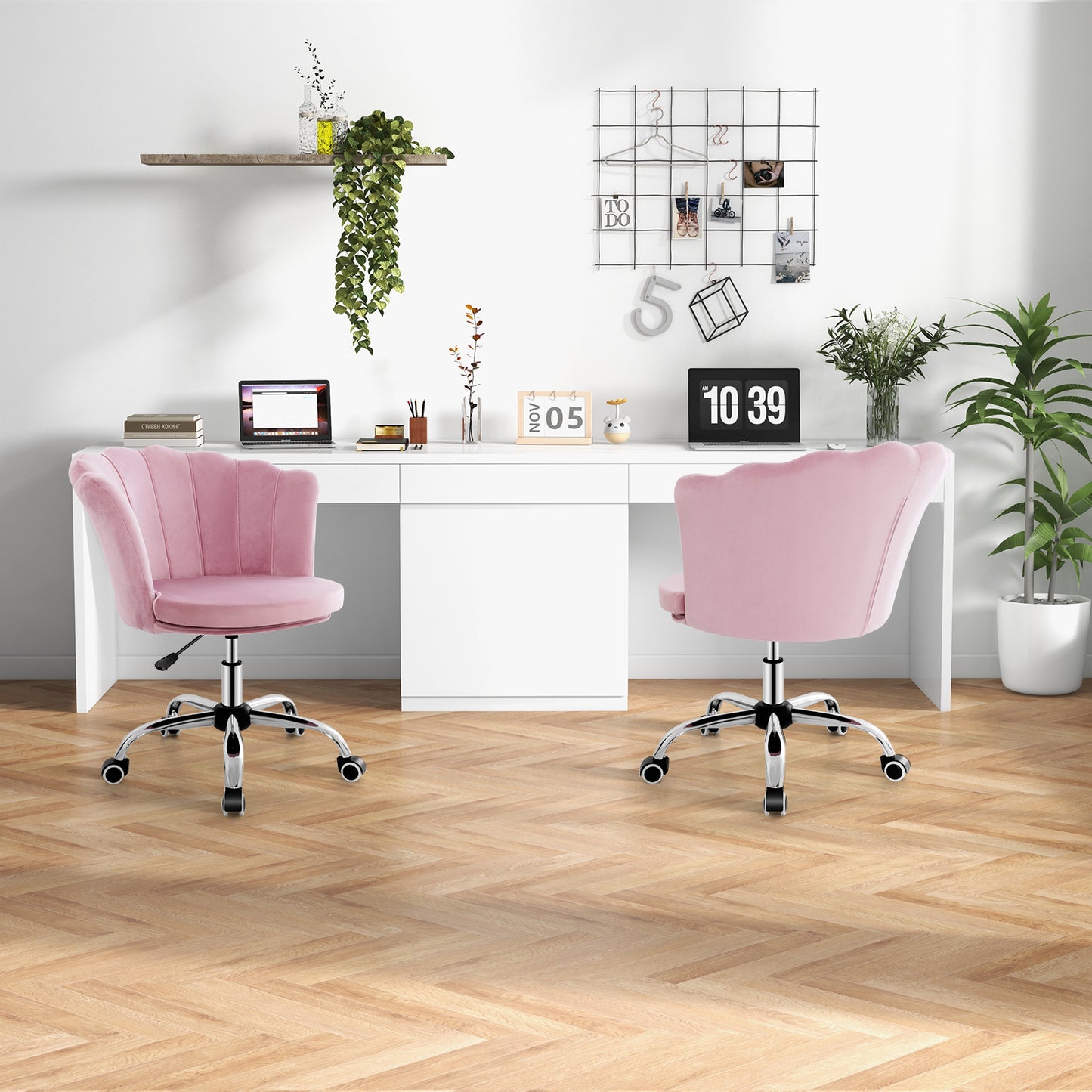 Adjustable Velvet Office Chair with Handle and Universal Wheels-Pink