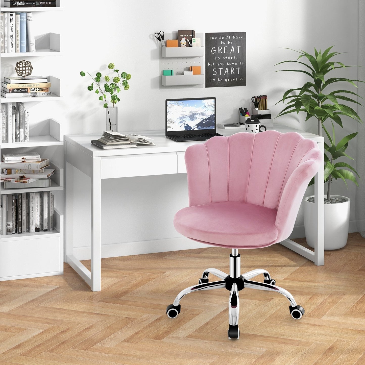 Adjustable Velvet Office Chair with Handle and Universal Wheels-Pink
