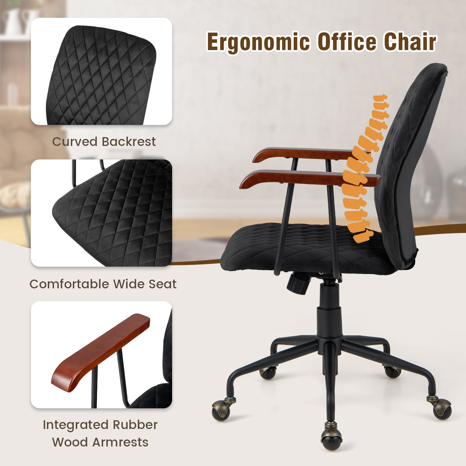 Adjustable Velvet Rocking Leisure Chair with Padded Seat-Black
