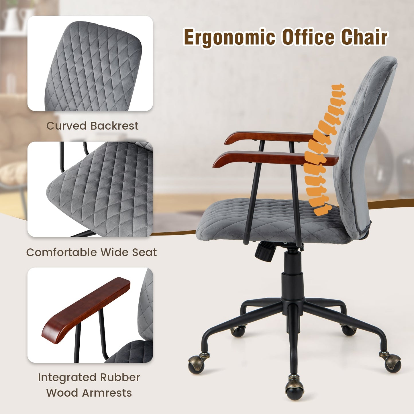 Adjustable Velvet Rocking Leisure Chair with Padded Seat-Grey