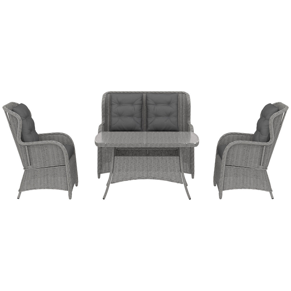 Outsunny Garden PE Rattan Dining Sofa Set, Outdoor 4 Seater Wicker Furniture, High Back Chairs with Cushions, Tempered Glass Coffee Table for Patio, Light Grey