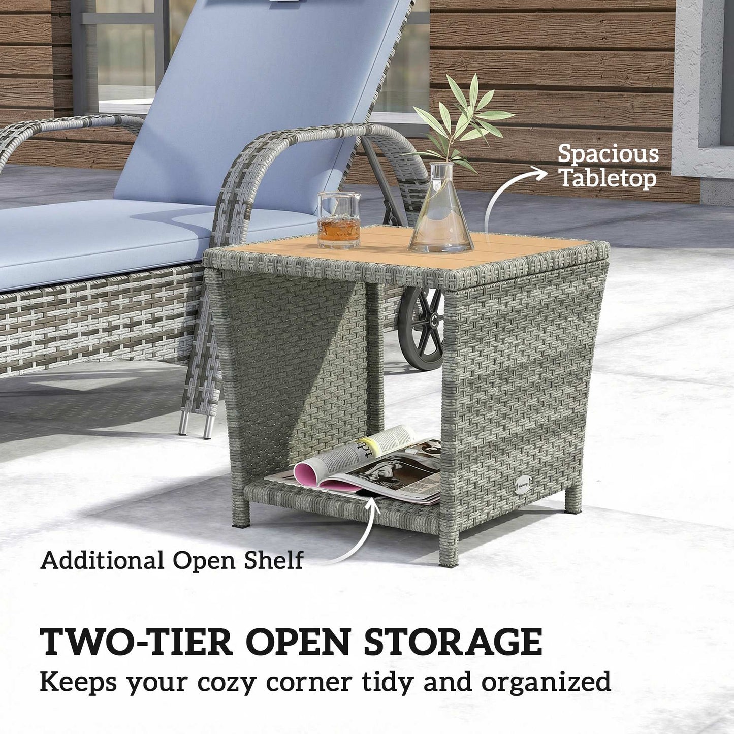 Outsunny Side Table 2-Tier Outdoor Coffee Table with Storage Shelf PS Wood Slat Top/Light Grey