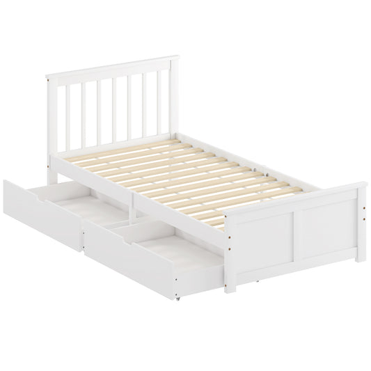 HOMCOM Wooden Single Bed Frame, with Drawers - White