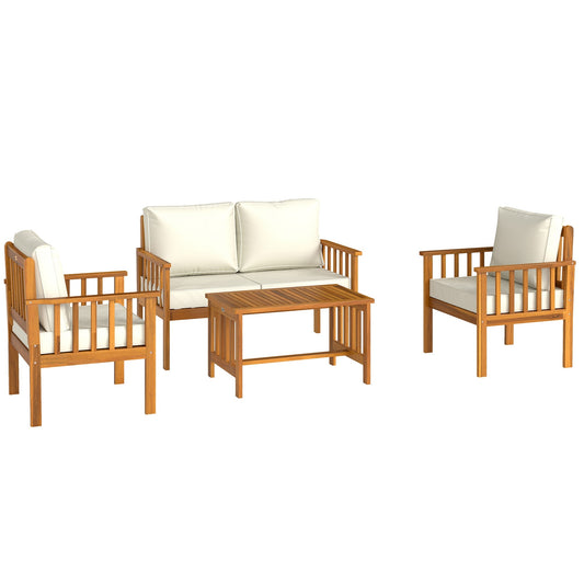 Outsunny Four-Piece Acacia Wood Garden Sofa Set - Teak/Cream