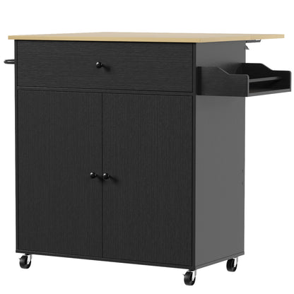 HOMCOM Kitchen Island with Drop Leaf, Rolling Kitchen Storage Trolley on Wheels with Drawer, Spice Rack and Towel Rack, Black