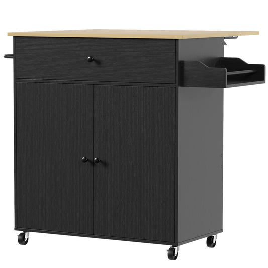HOMCOM Kitchen Island with Drop Leaf, Rolling Kitchen Storage Trolley on Wheels with Drawer, Spice Rack and Towel Rack, Black