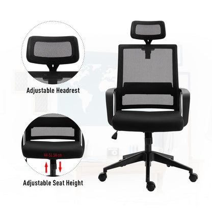 HOMCOM Mesh Swivel Office Chair with Adjustable Headrest, Lumbar Support, Home Task High Back Chair Adjustable Height, Black