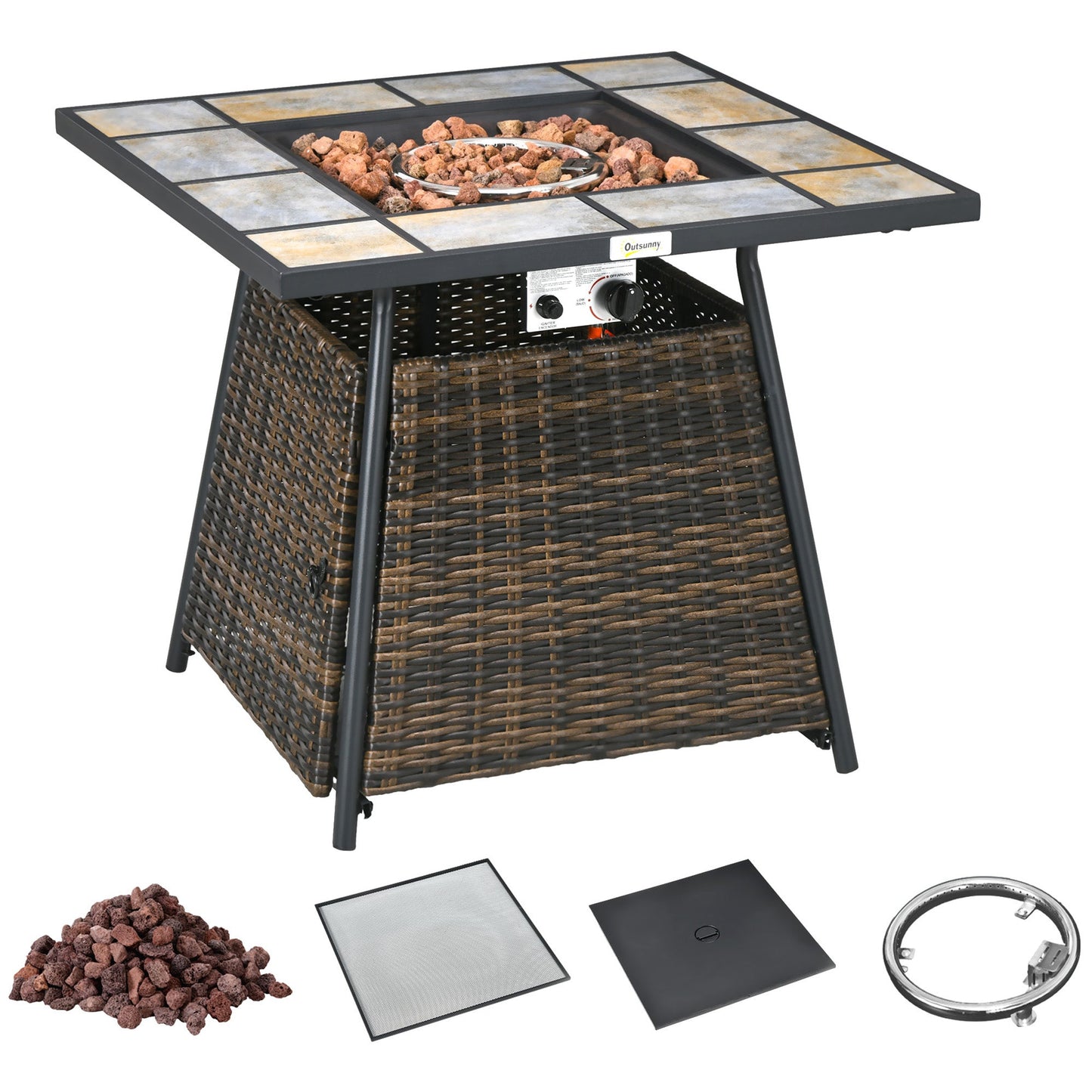 Outsunny Square Outdoor PE Rattan Fire Pit Table Gas Burner Heater w/ Control Panel, Slate Top, Lid and Lava Rocks, 50,000 BTU