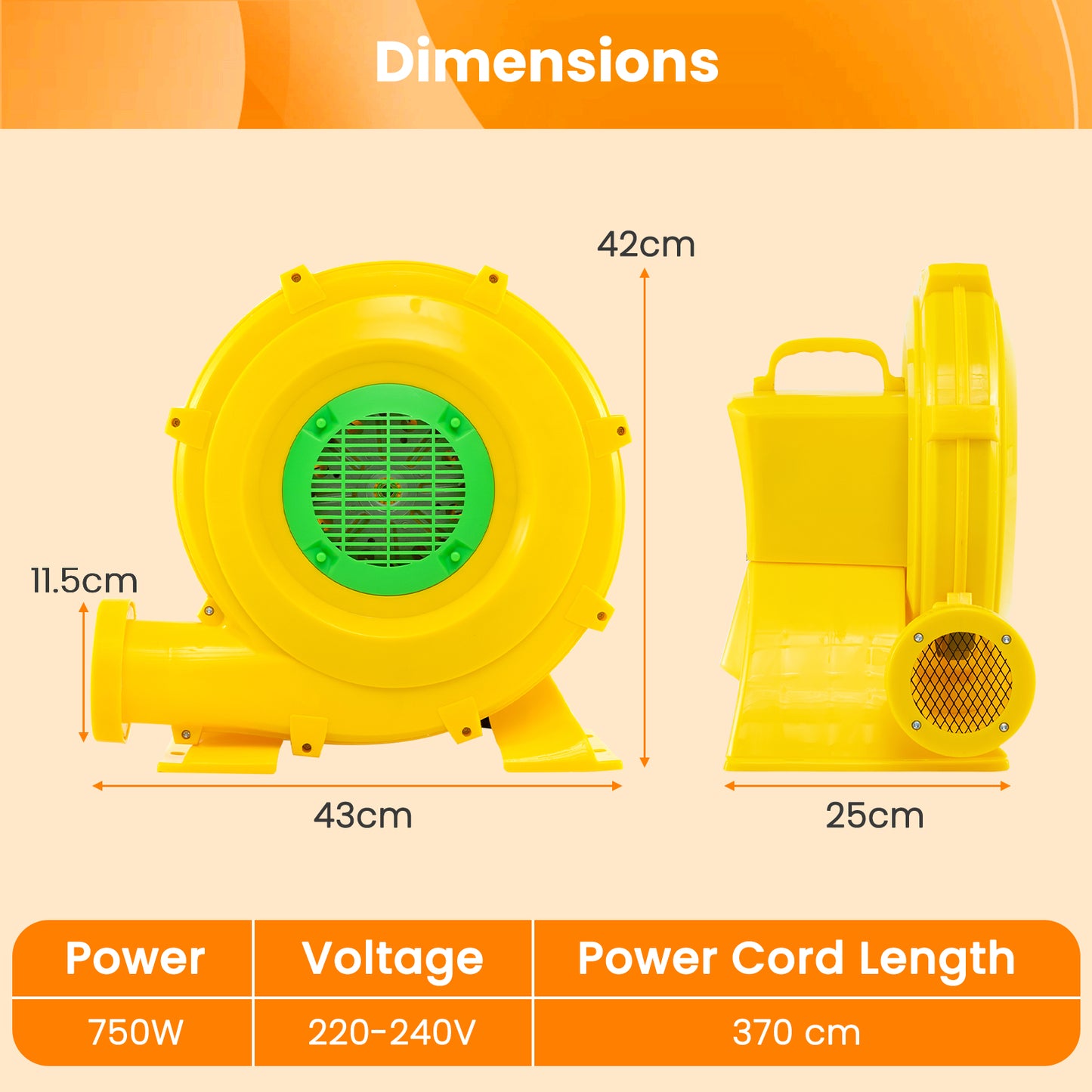 Air Blower 750W Air Pump Fan with Convenient Handle and Ground Stakes