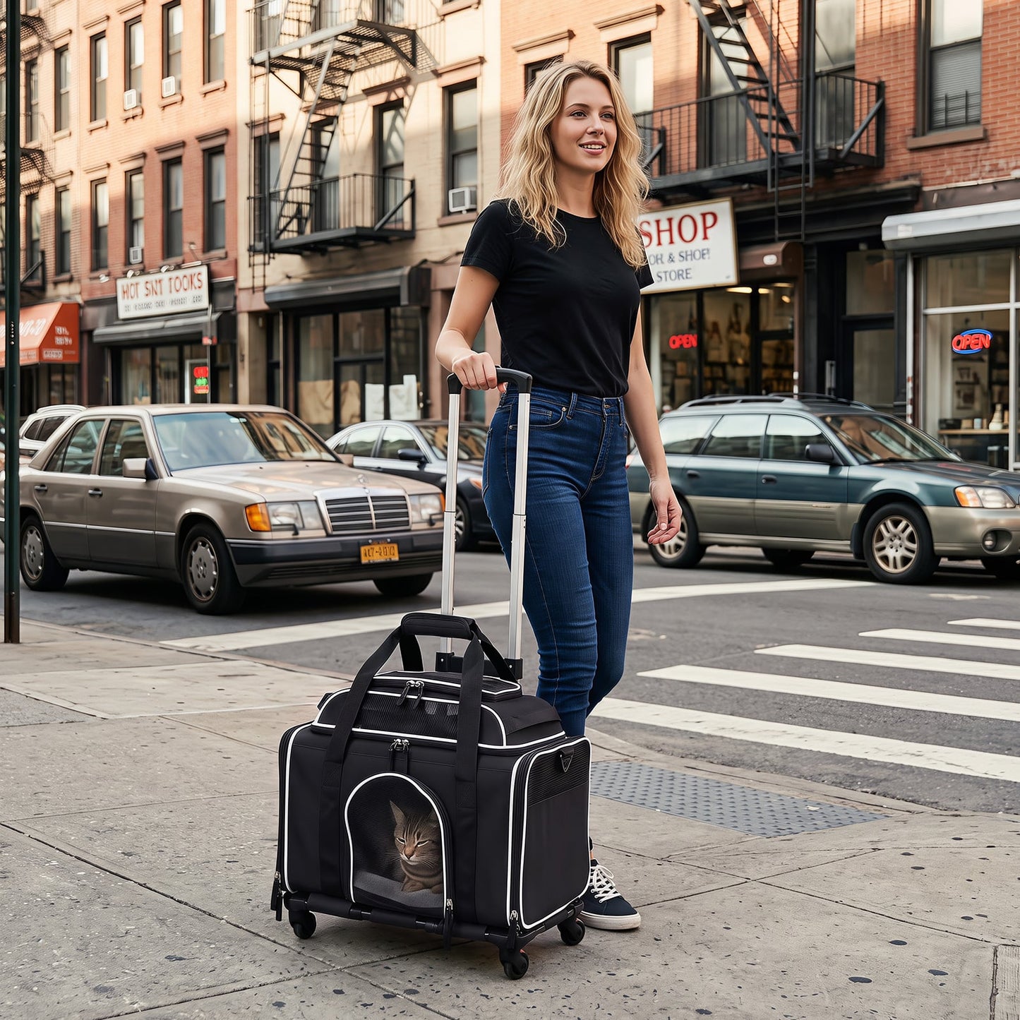 Airline Approved Rolling Cat and Dog Carrier with and Telescopic Handle-Black
