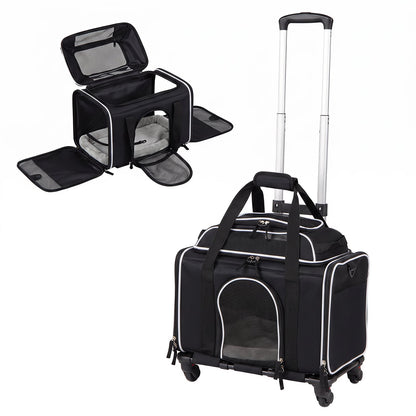 Airline Approved Rolling Cat and Dog Carrier with and Telescopic Handle-Black