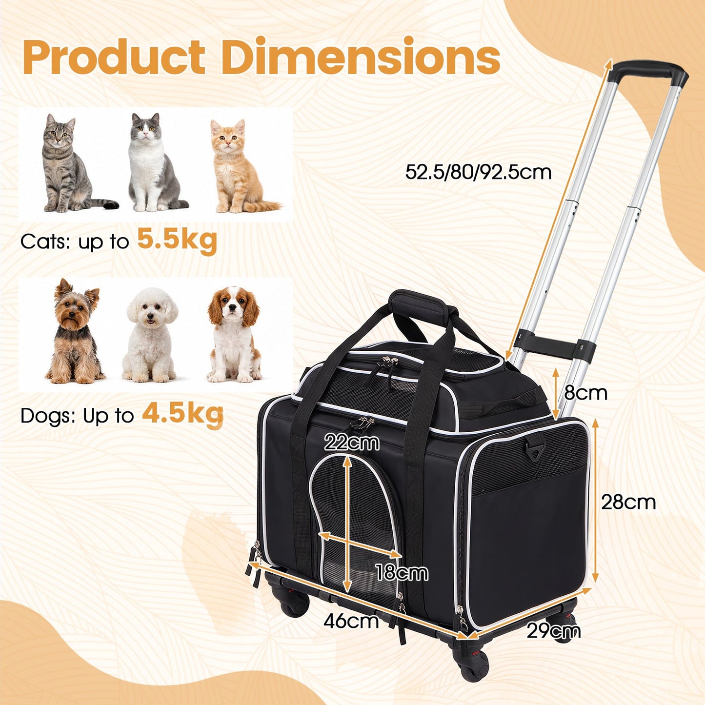 Airline Approved Rolling Cat and Dog Carrier with and Telescopic Handle-Black