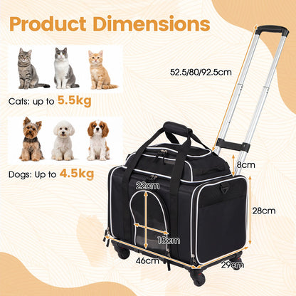 Airline Approved Rolling Cat and Dog Carrier with and Telescopic Handle-Black