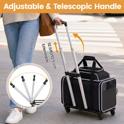 Airline Approved Rolling Cat and Dog Carrier with and Telescopic Handle-Black
