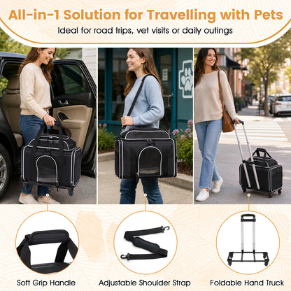 Airline Approved Rolling Cat and Dog Carrier with and Telescopic Handle-Black