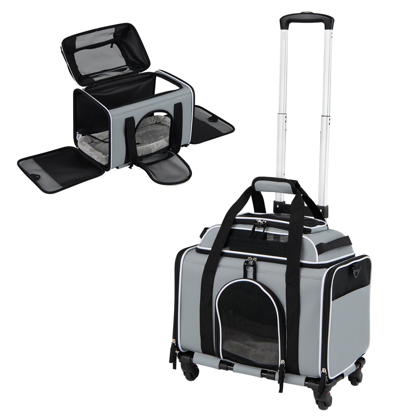 Airline Approved Rolling Cat and Dog Carrier with and Telescopic Handle-Grey