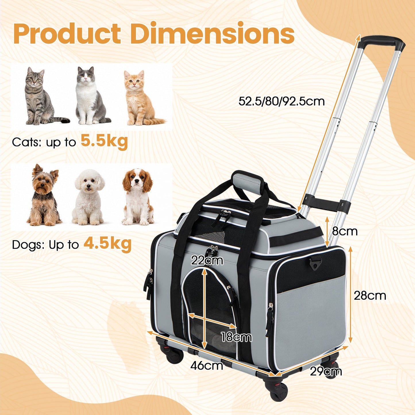 Airline Approved Rolling Cat and Dog Carrier with and Telescopic Handle-Grey