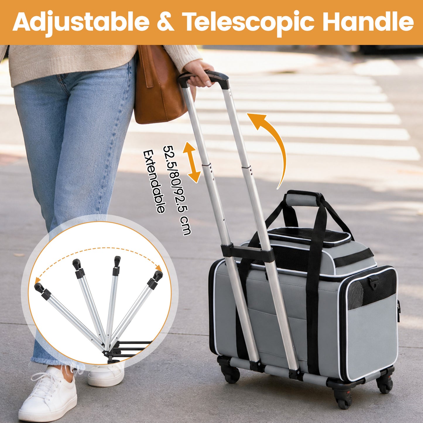 Airline Approved Rolling Cat and Dog Carrier with and Telescopic Handle-Grey
