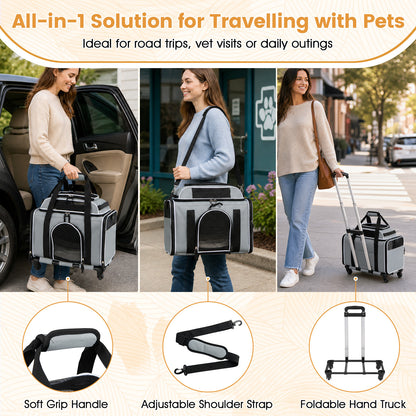 Airline Approved Rolling Cat and Dog Carrier with and Telescopic Handle-Grey