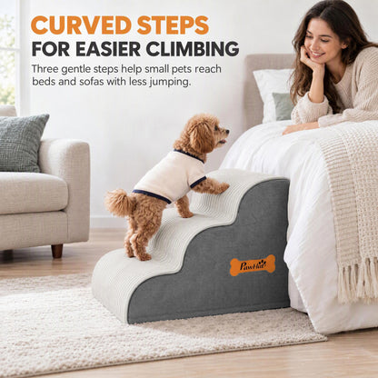 PawHut Dog Steps for Bed and Sofa, 3-Step Non-Slip Dog Stairs with Removable Washable Cover, Carry Handle, Light Grey