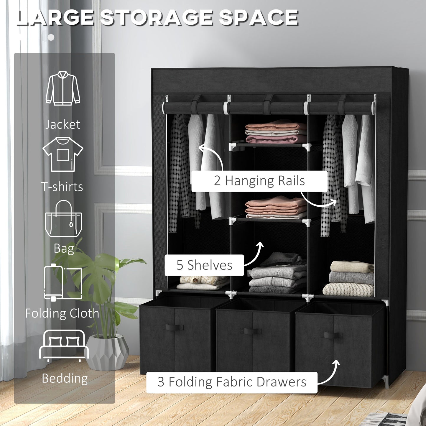 HOMCOM Foldable Fabric Wardrobe for Bedroom, Portable Wardrobe with 5 Shelves, 2 Hanging Rails and 3 Fabric Drawers, Black