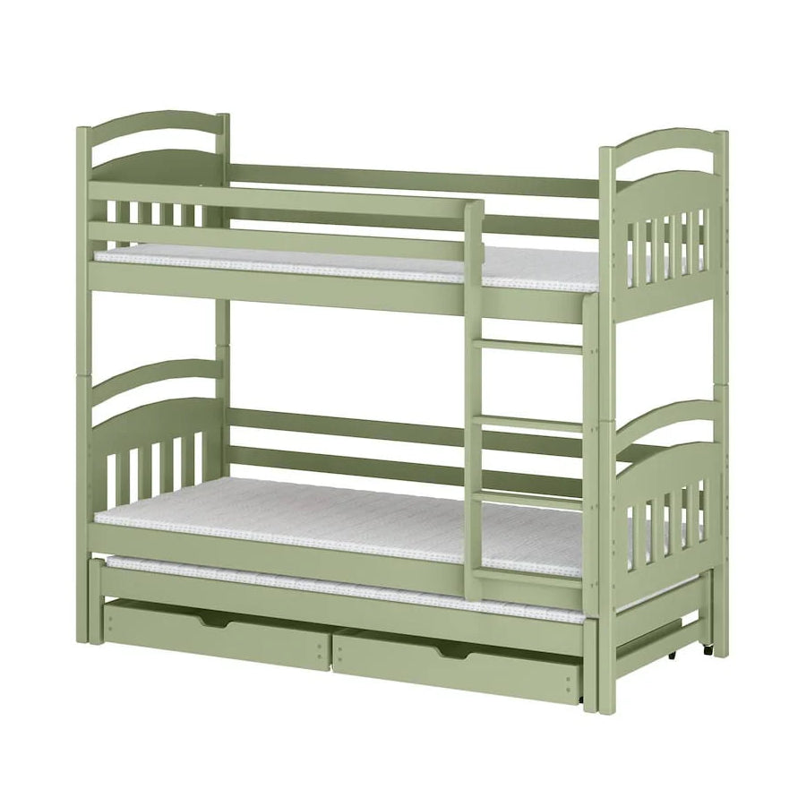 Green bunk bed with white mattresses on a white background