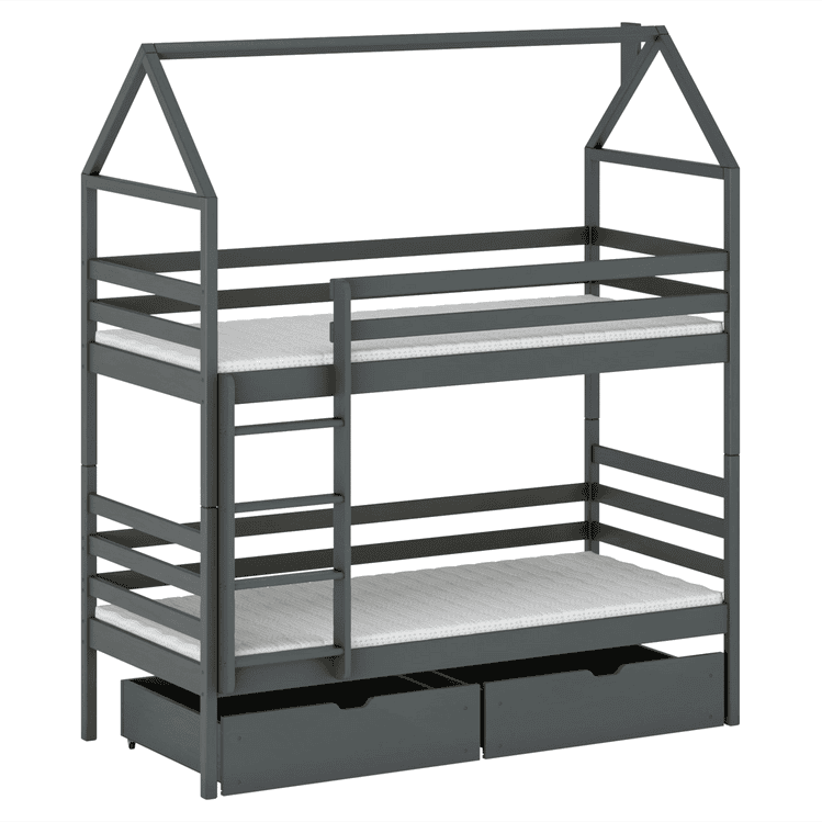 Gray bunk bed with a house-shaped top bed on a white background